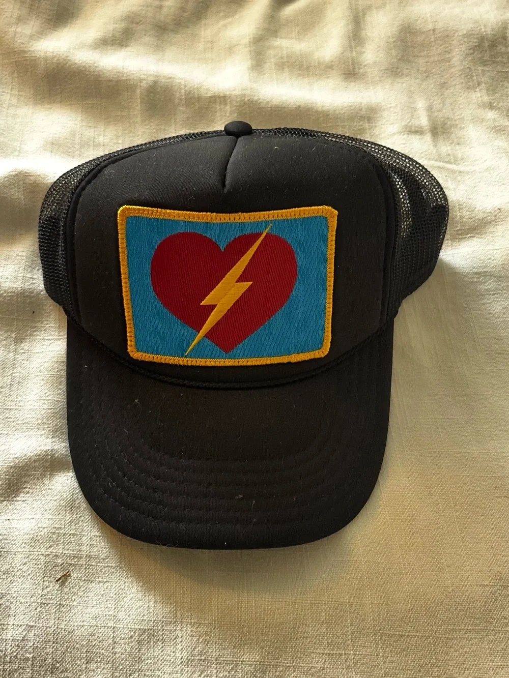 Aviator nation Black Trucker Hat with Red Heart & Yellow Lightning Patch